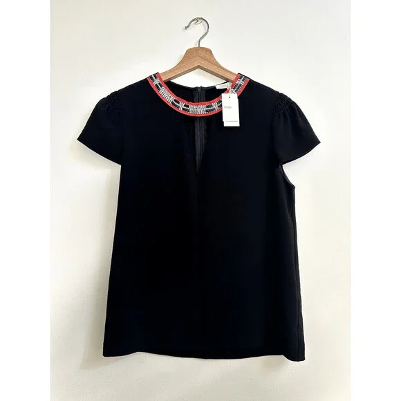 Maje Fraiche Keyhole Black Embroidered Short Sleeve Blouse size 2 $345 - Picture 9 of 15